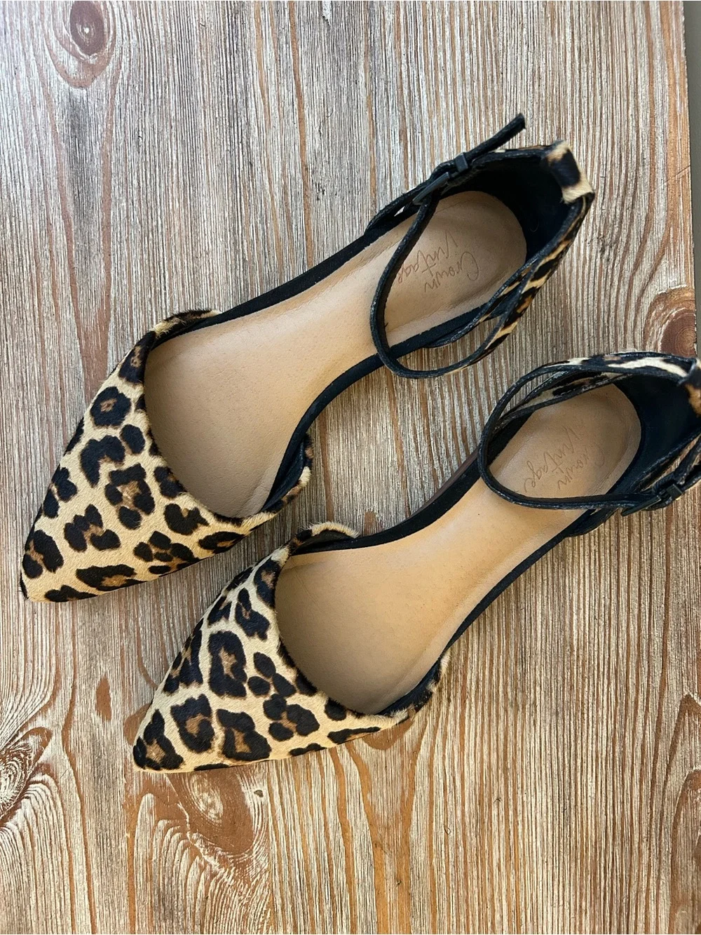 Crown Vintage Leopard Print Calf Hair D’Orsay Flats Size 7 Ankle Strap